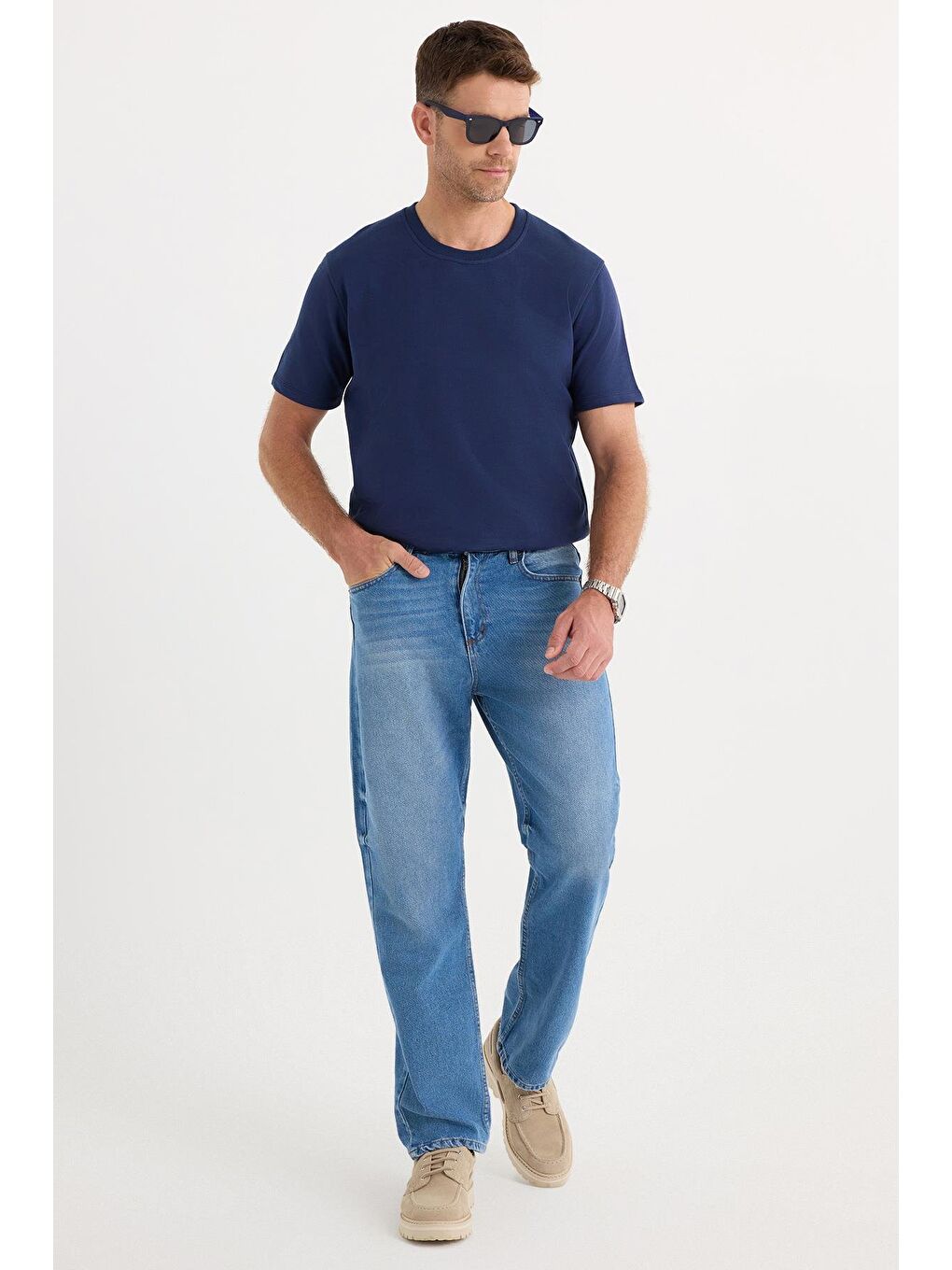 Erkek Regular Fit %100 Pamuk Yan Cepli Baggy Mavi Jean Pantolon-1