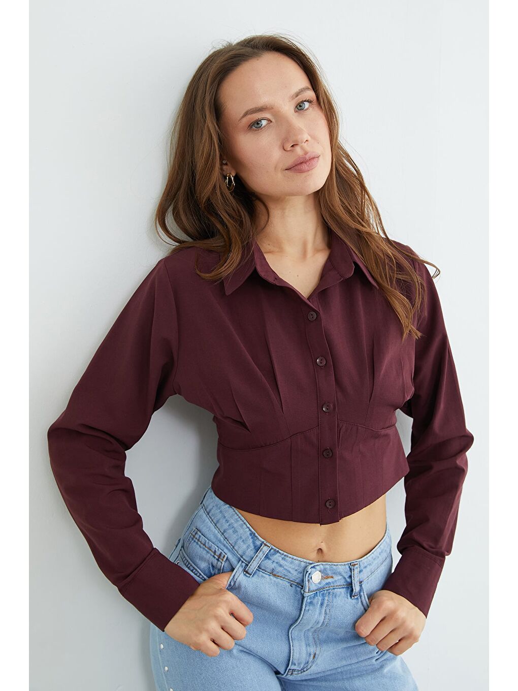 Mürdüm Basic Korse Detaylı Crop Gömlek-1