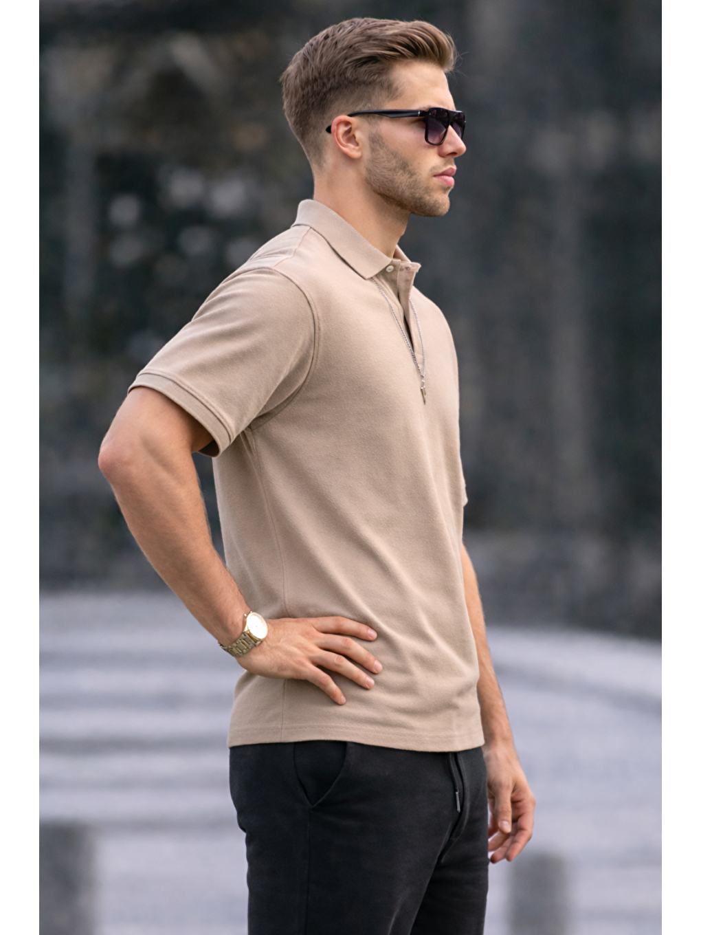 Ekru Erkek Basic Relax Krem Polo Yaka Tişört-5