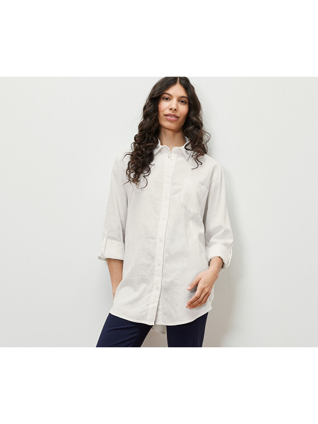 Kadın Bluz, Keten Karışım, Beyaz