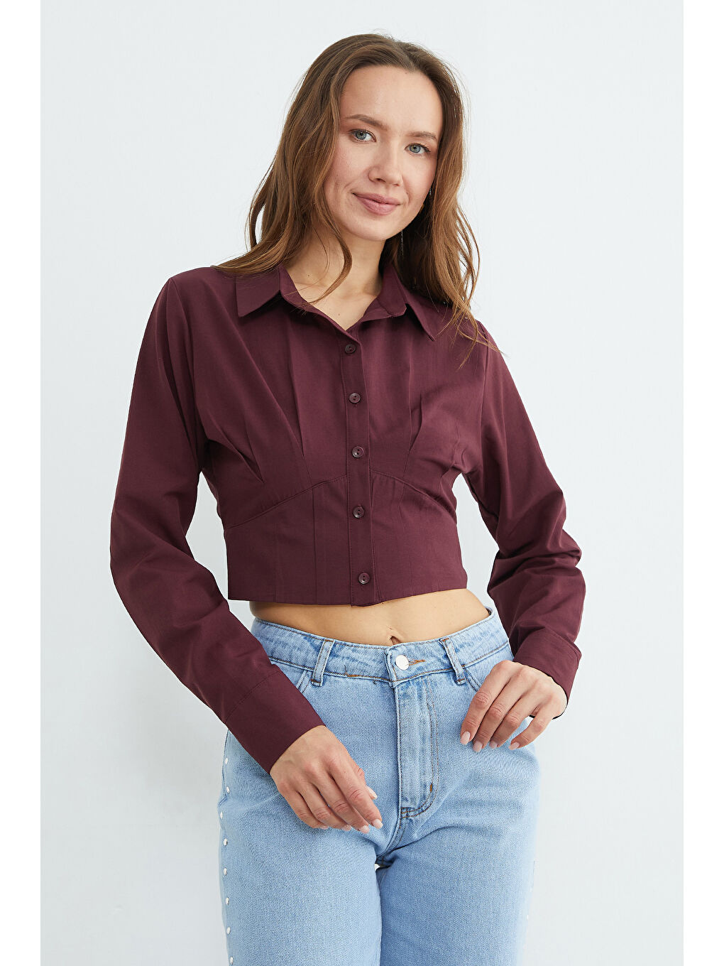 Mürdüm Basic Korse Detaylı Crop Gömlek-2