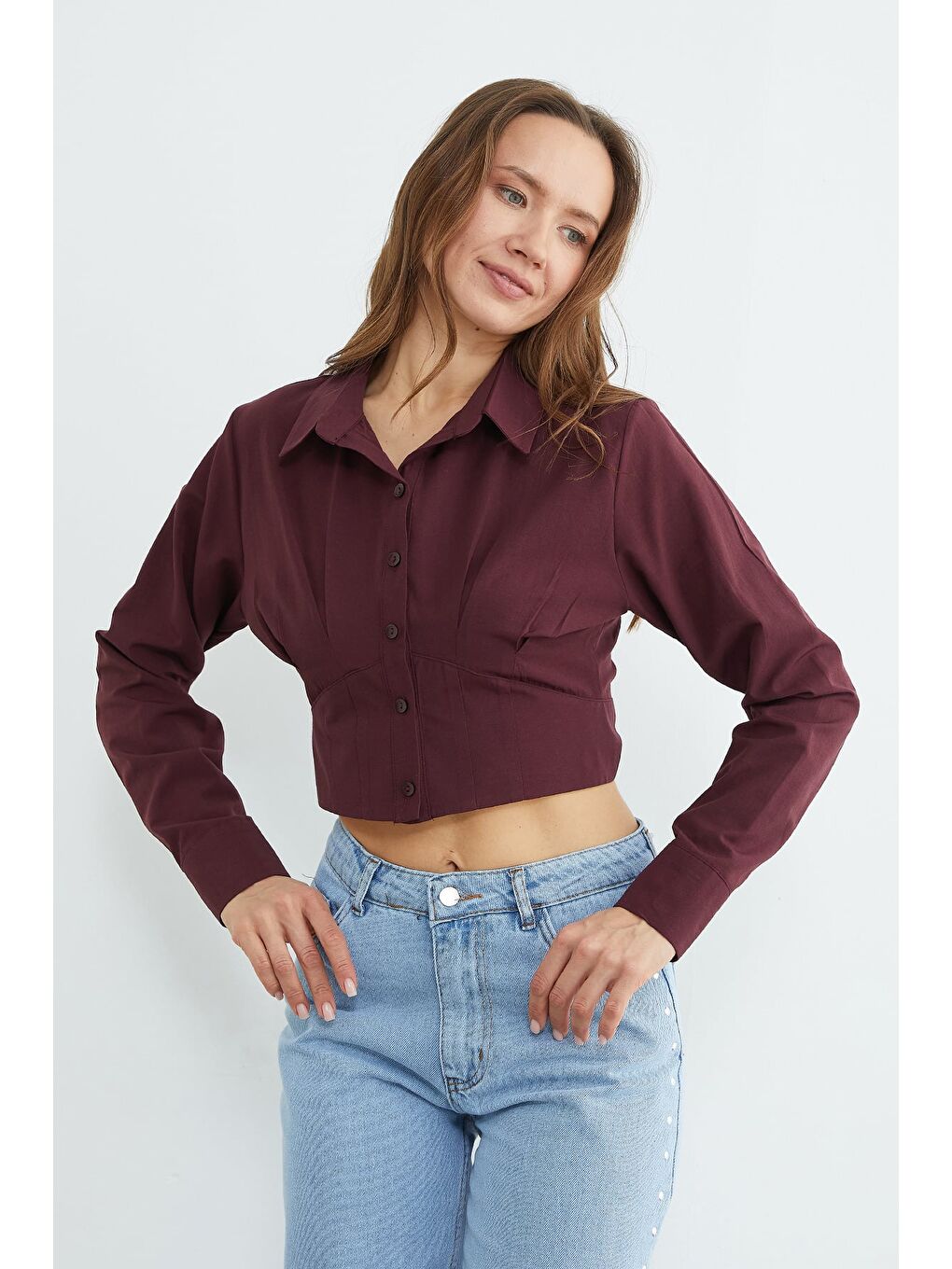 Mürdüm Basic Korse Detaylı Crop Gömlek-3