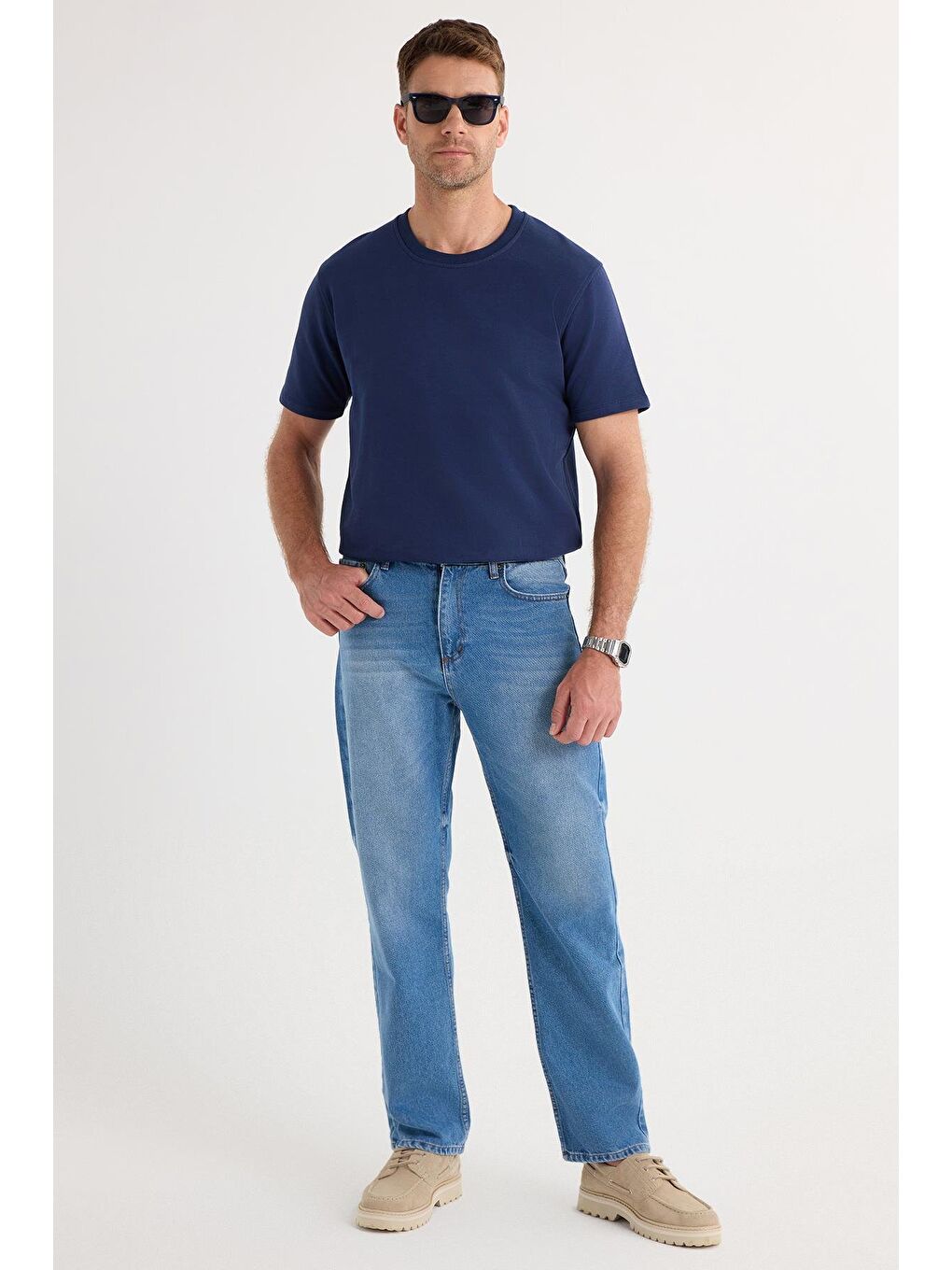 Erkek Regular Fit %100 Pamuk Yan Cepli Baggy Mavi Jean Pantolon-4