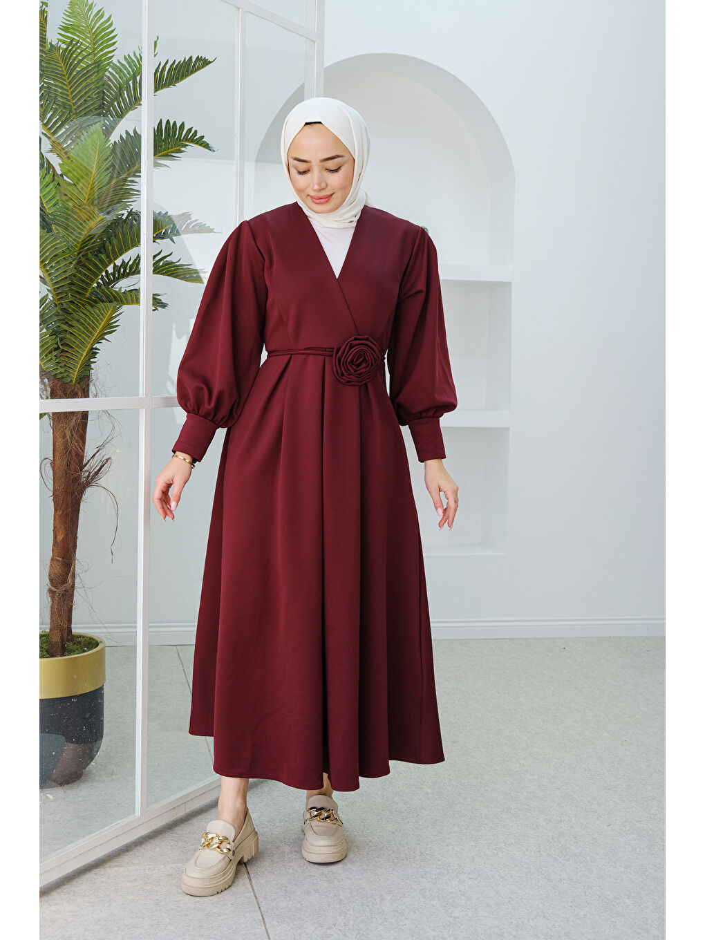 Locco Moda Gül Kemerli Elbise Mürdüm - 3