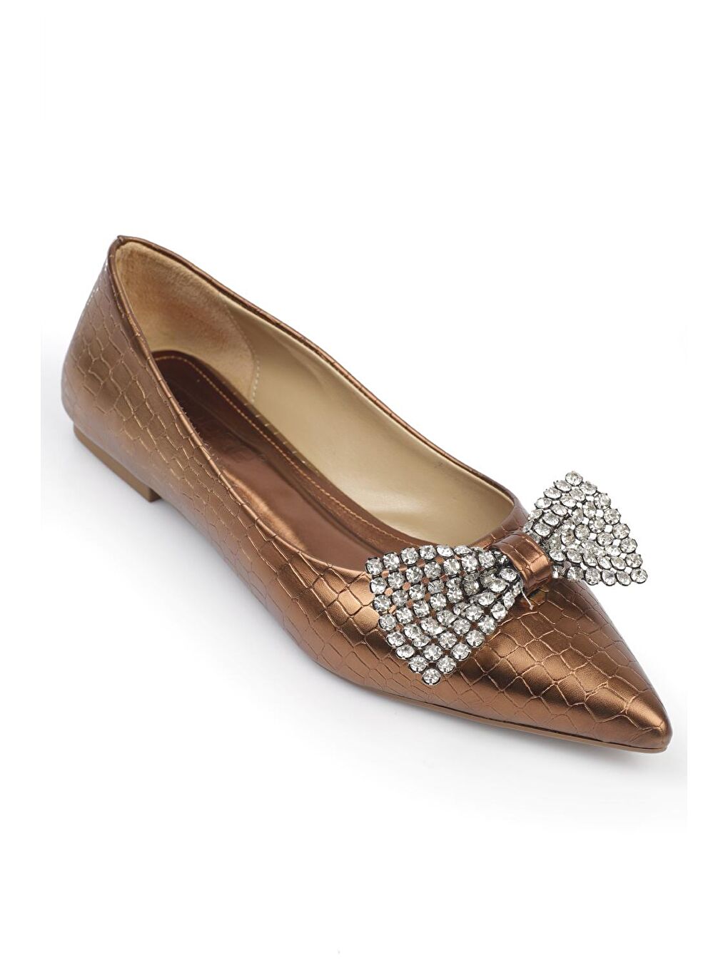 Turuncu Sivri Burunlu Taşlı Fiyonklu Kroko Desenli Kadın Babet-3
