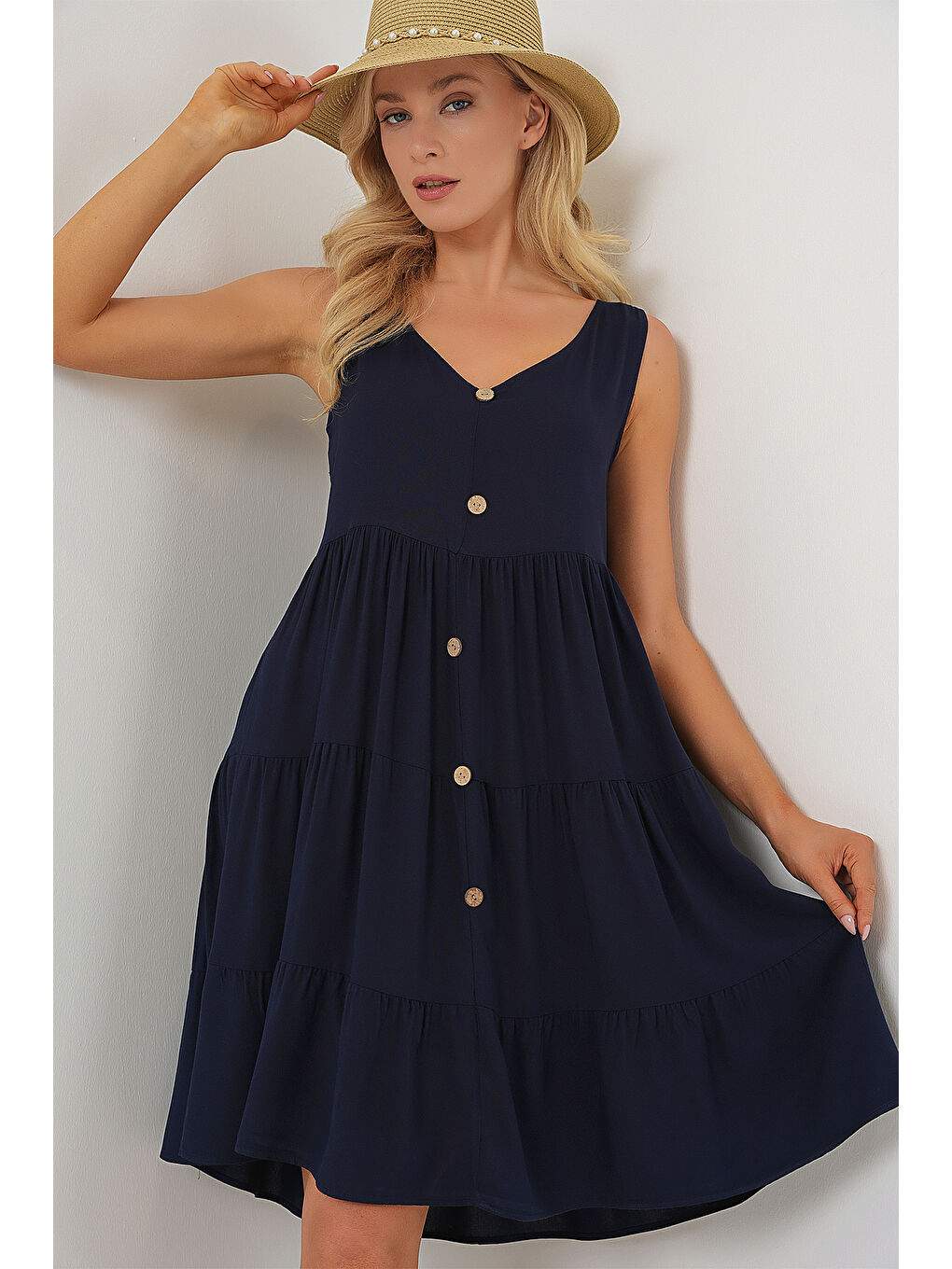 Kadın Sıfır Kol Düğmeli Kısa Elbise 2571 - Lacivert