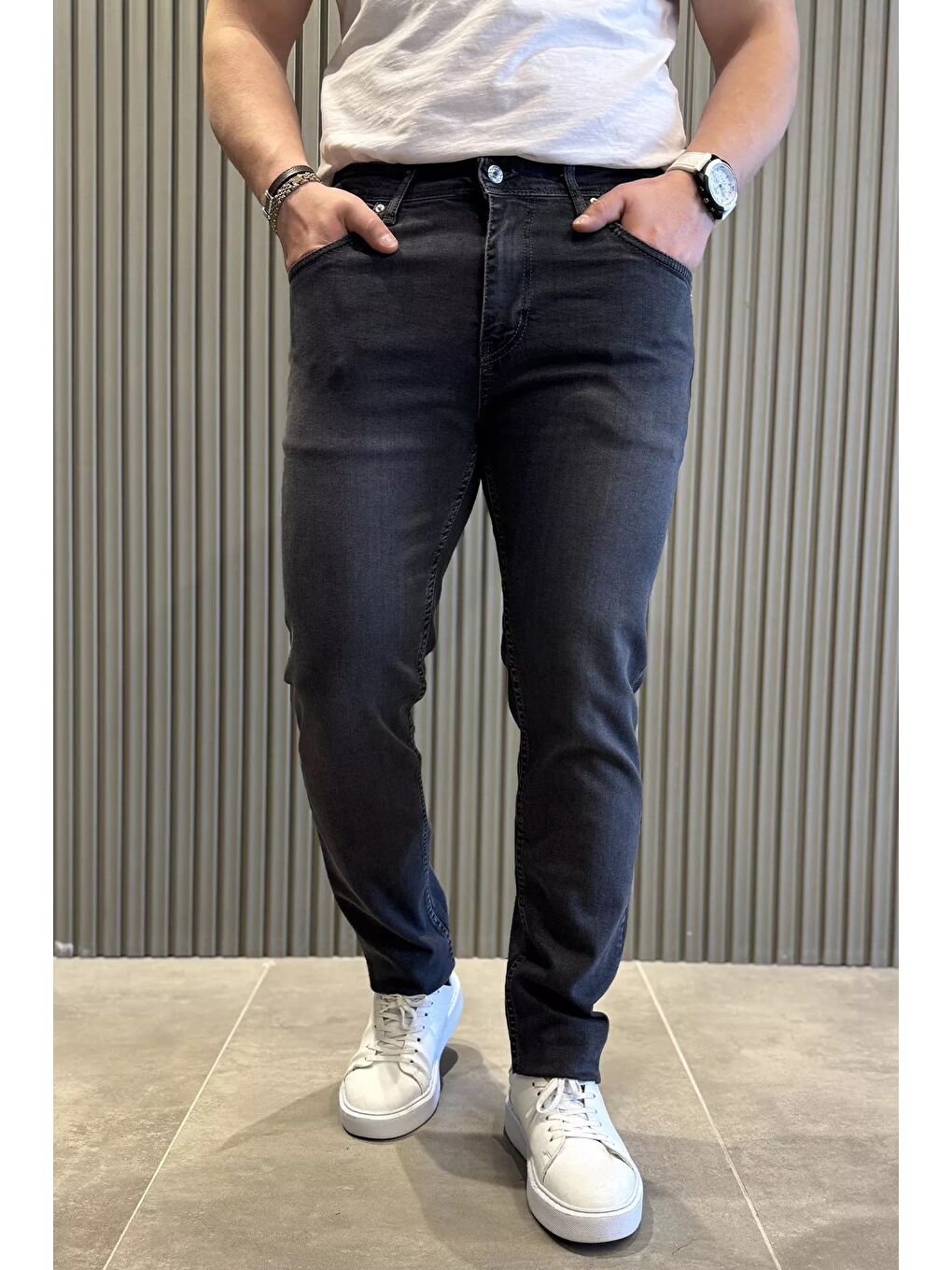 Gri Erkek Büyük Beden Elastanlı Jean Pantolon