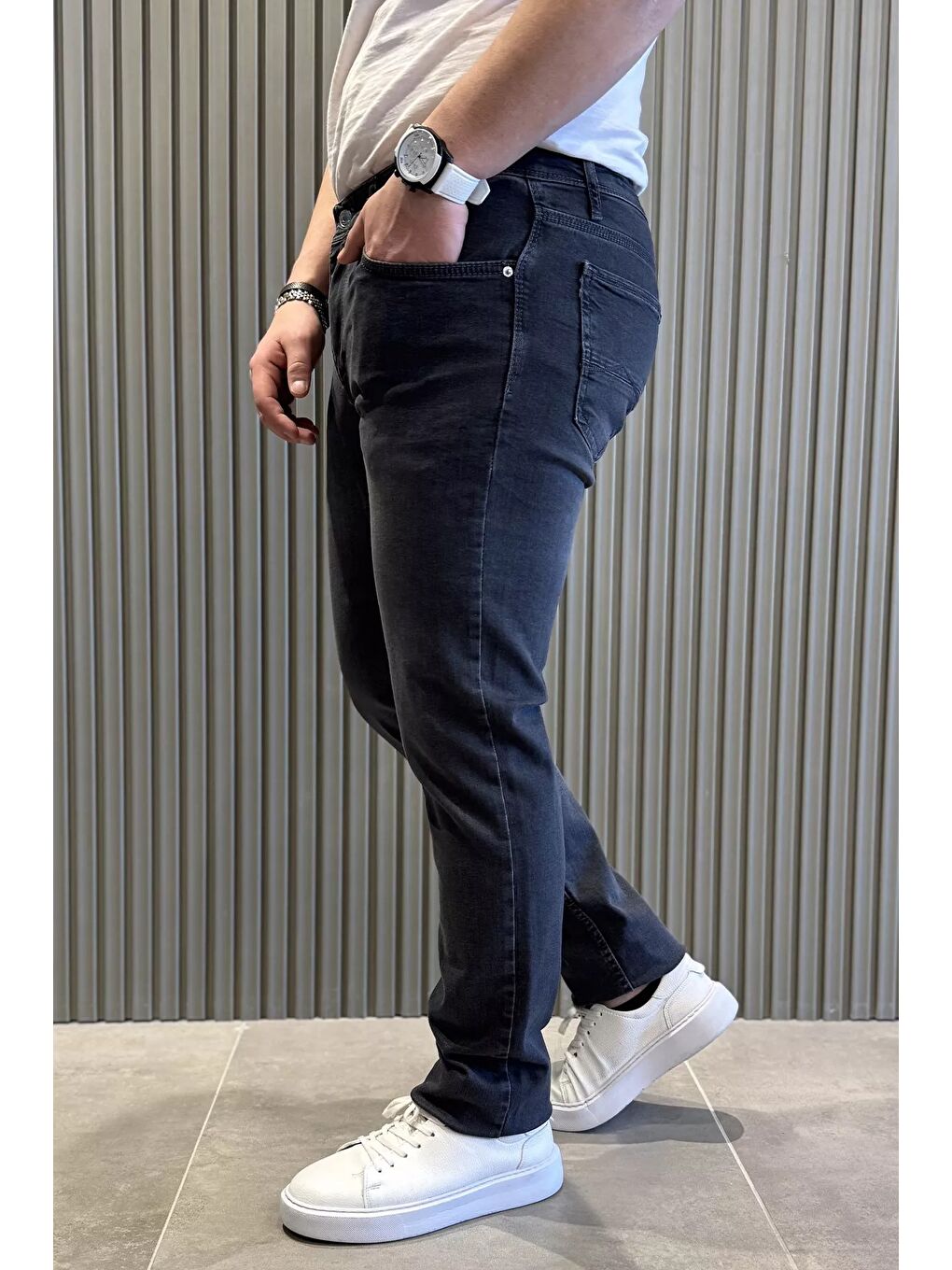 Gri Erkek Büyük Beden Elastanlı Jean Pantolon-1