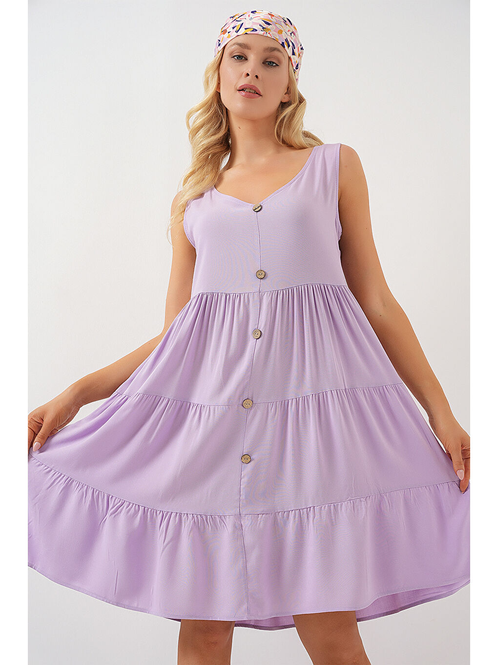 Kadın Sıfır Kol Düğmeli Kısa Elbise 2571 - Lila