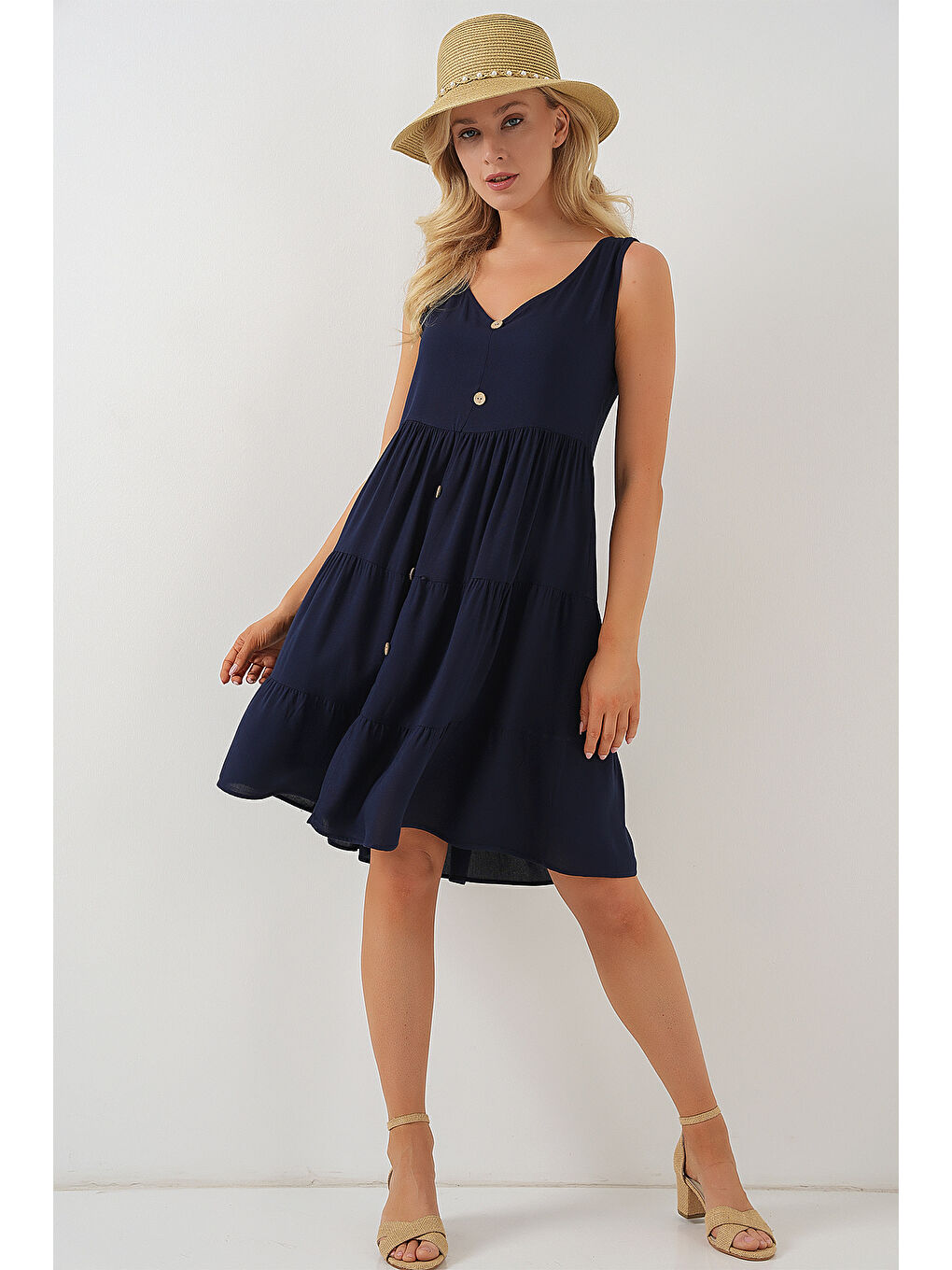 Kadın Sıfır Kol Düğmeli Kısa Elbise 2571 - Lacivert-2