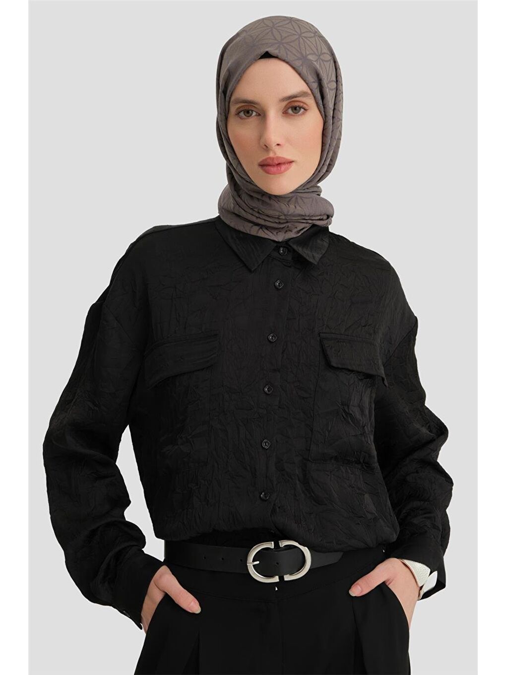 Cep Kapaklı Oversize Gömlek Ort3634 Siyah-2