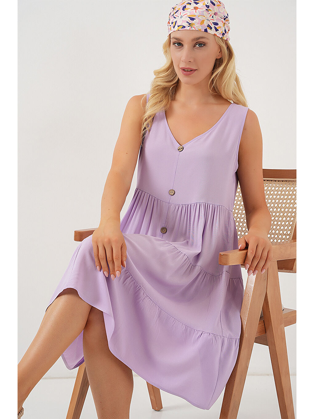 Kadın Sıfır Kol Düğmeli Kısa Elbise 2571 - Lila-1