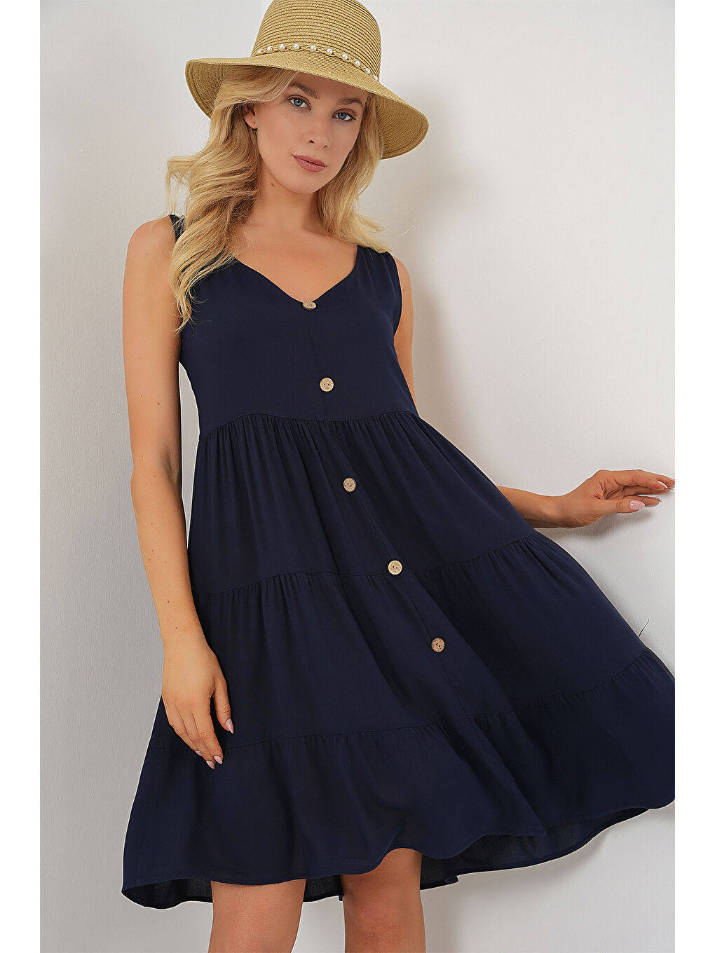 Kadın Sıfır Kol Düğmeli Kısa Elbise 2571 - Lacivert-3