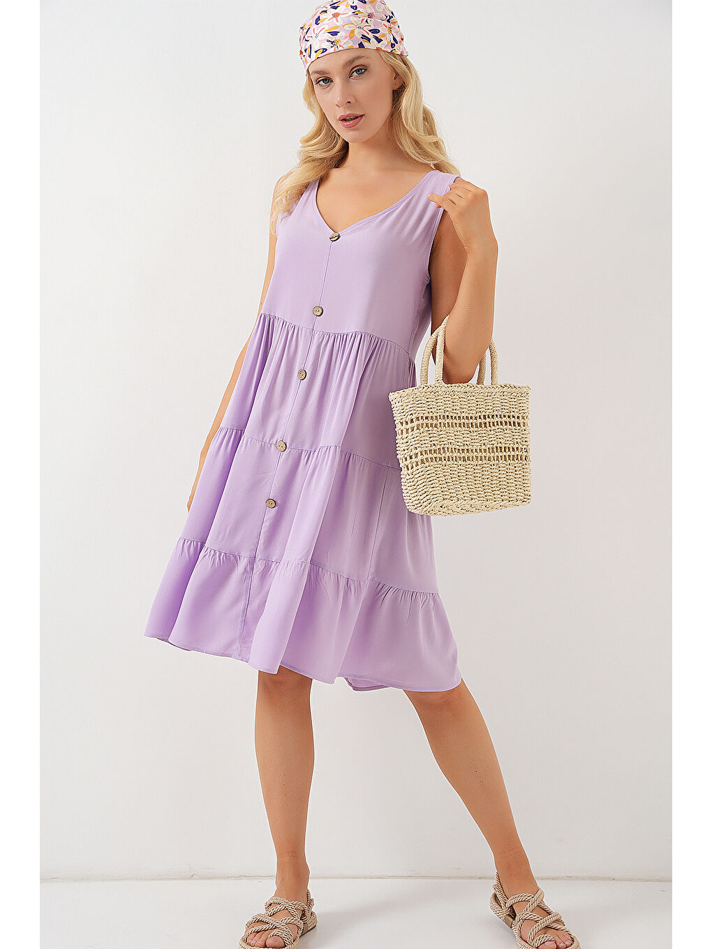 Kadın Sıfır Kol Düğmeli Kısa Elbise 2571 - Lila-2