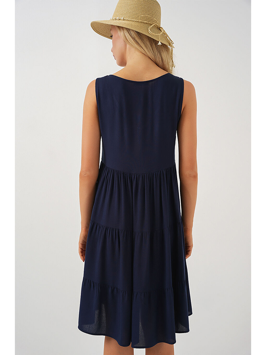 Kadın Sıfır Kol Düğmeli Kısa Elbise 2571 - Lacivert-5