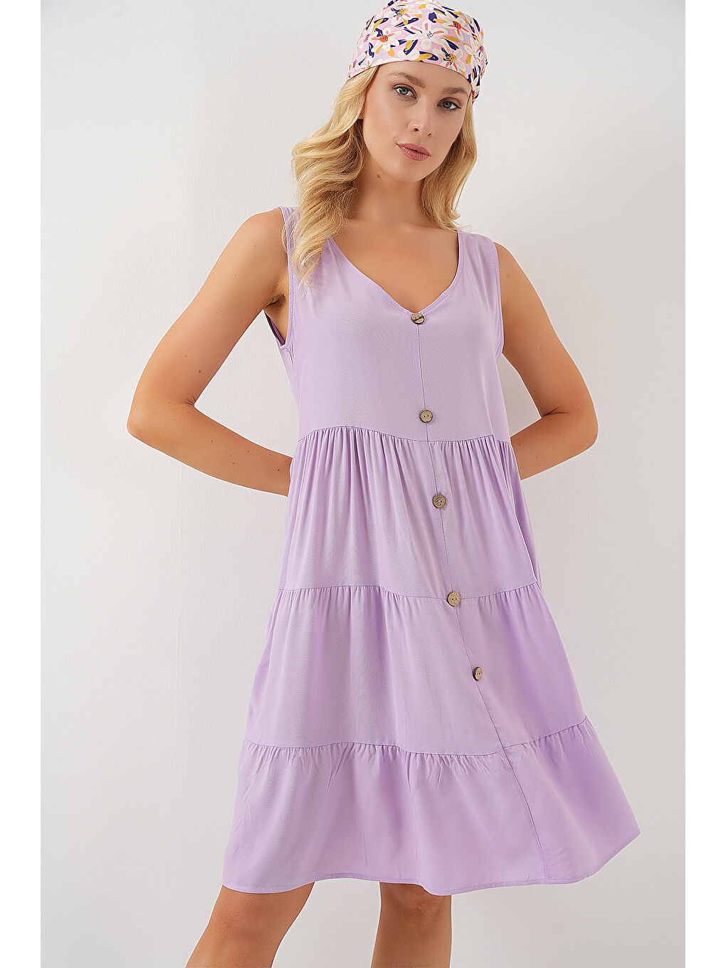 Kadın Sıfır Kol Düğmeli Kısa Elbise 2571 - Lila-3