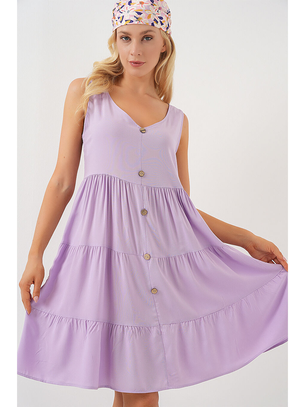 Kadın Sıfır Kol Düğmeli Kısa Elbise 2571 - Lila-4