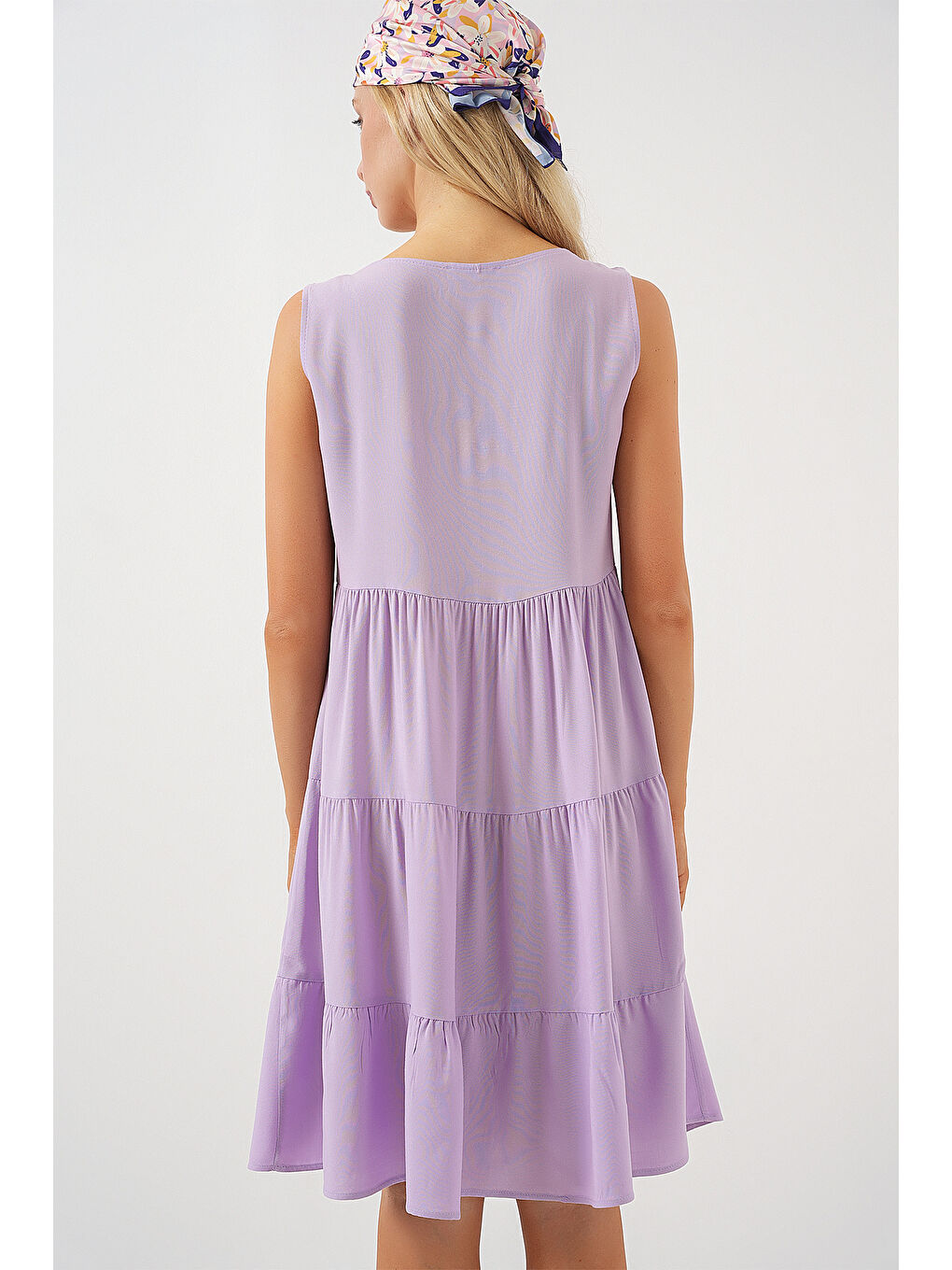 Kadın Sıfır Kol Düğmeli Kısa Elbise 2571 - Lila-6