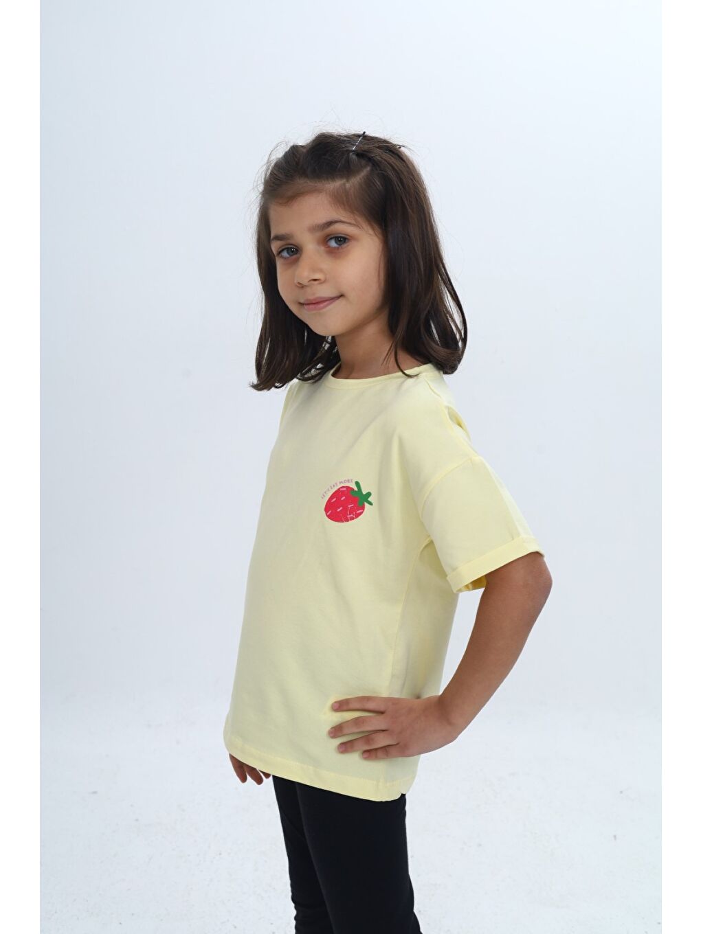 Sarı Kız Çocuk Bisiklet Yaka Kısa Kollu Baskılı Tişört 24978-1