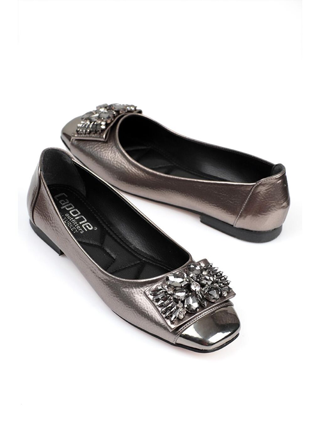 Antrasit Burnu Metalli Taşlı Tokalı Şık Babet-2