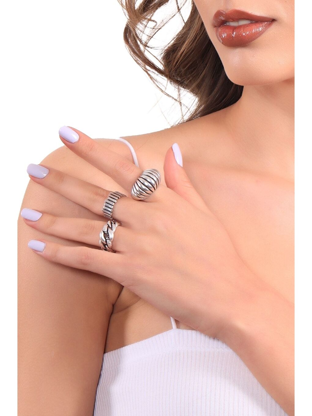 Gri Kadın Antik Gümüş Kaplama Ayarlanabilir 3'lü Vintage Yüzük Seti-2