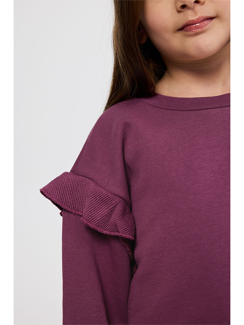 Kız Çocuk Fırfır Detaylı Mürdüm Sweatshirt-1