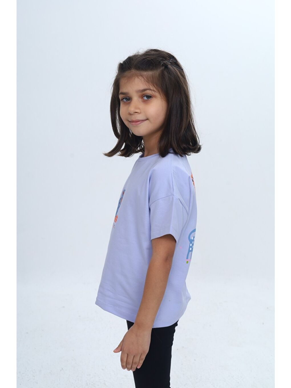 Lila Kız Çocuk Baskılı Bisiklet Yaka Kısa Kollu Tişört 24979-1