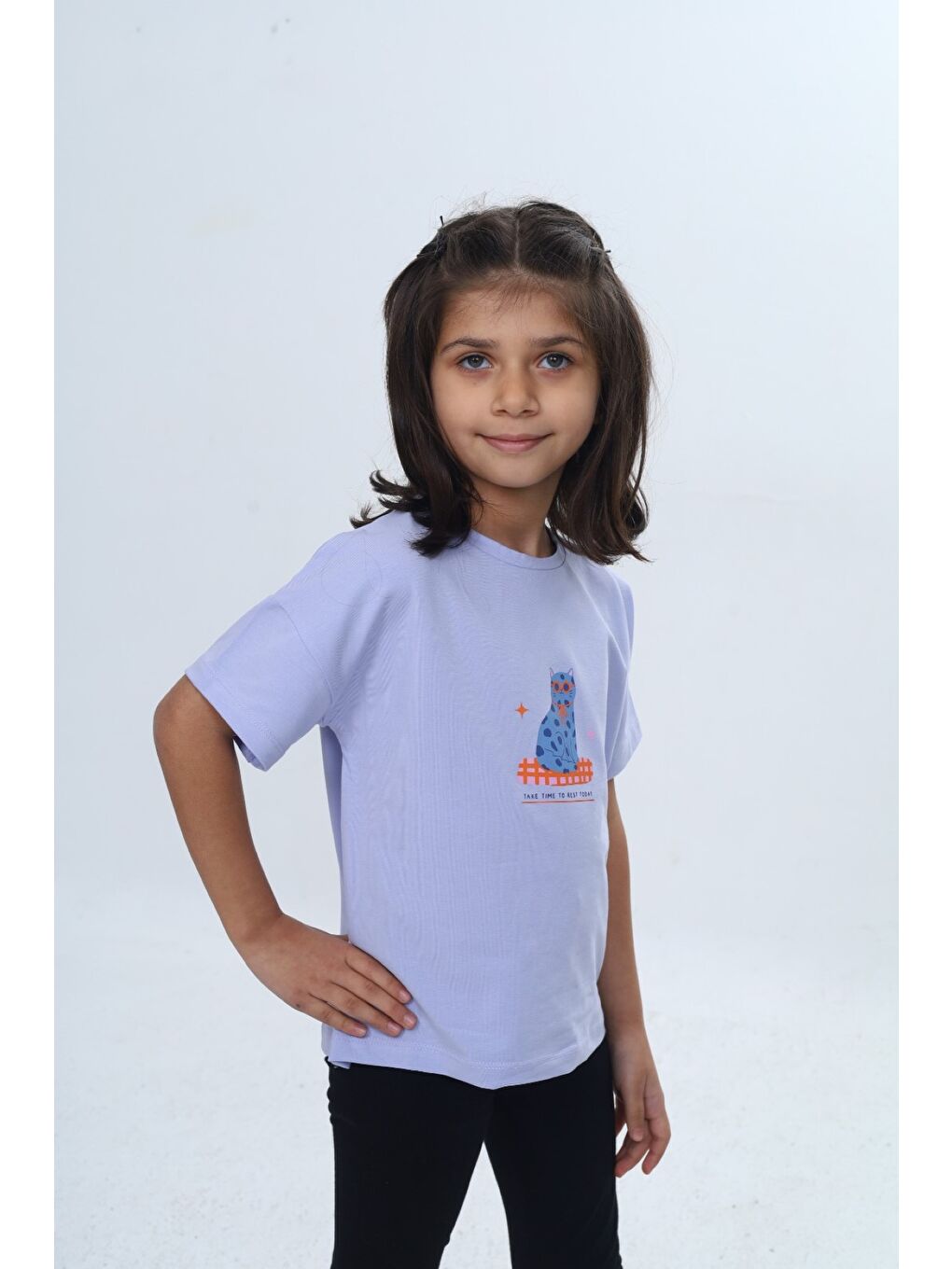 Lila Kız Çocuk Baskılı Bisiklet Yaka Kısa Kollu Tişört 24979-2