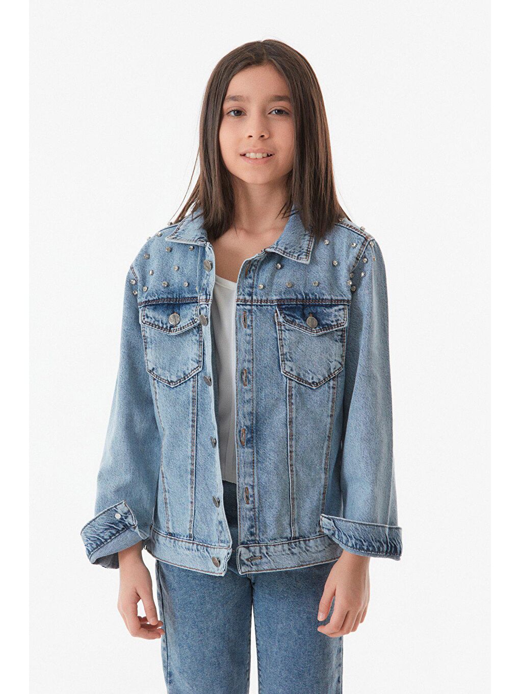 Mavi Taşlı Çift Cepli Kız Çocuk Jean Ceket