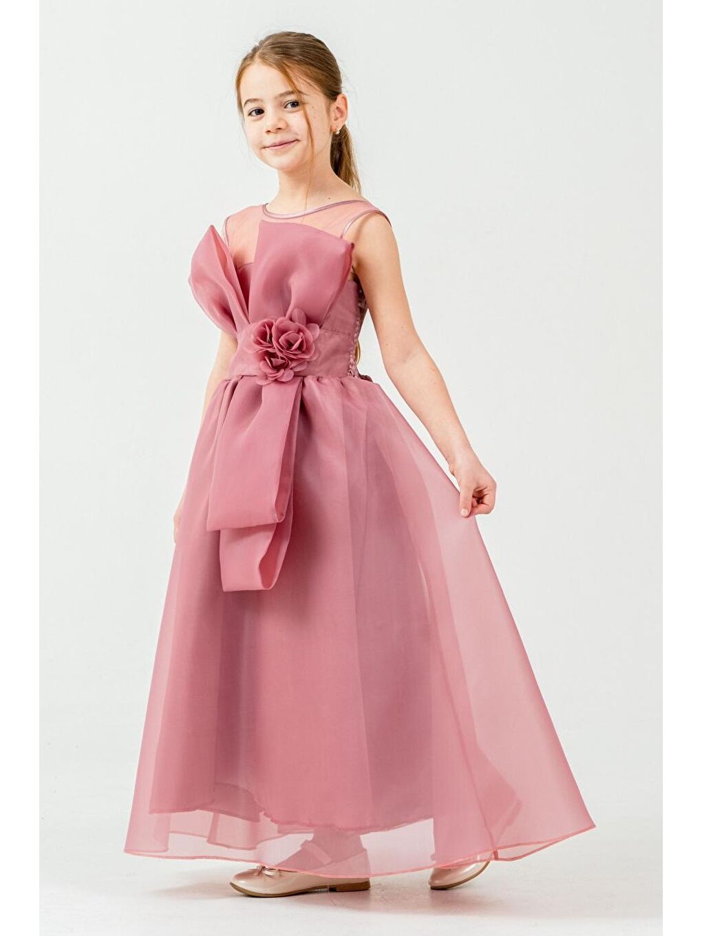 Pembe Kız Çocuk Organze Tül Çiçek ve Fiyonk Detaylı Gipe Sırtlı Prenses Abiye Elbise M00800-1