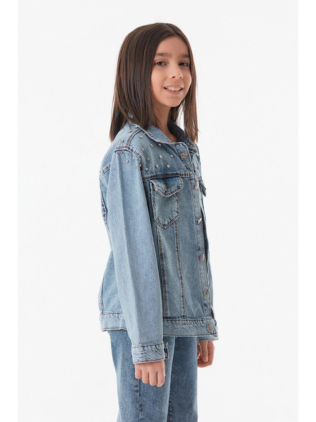 Mavi Taşlı Çift Cepli Kız Çocuk Jean Ceket-1