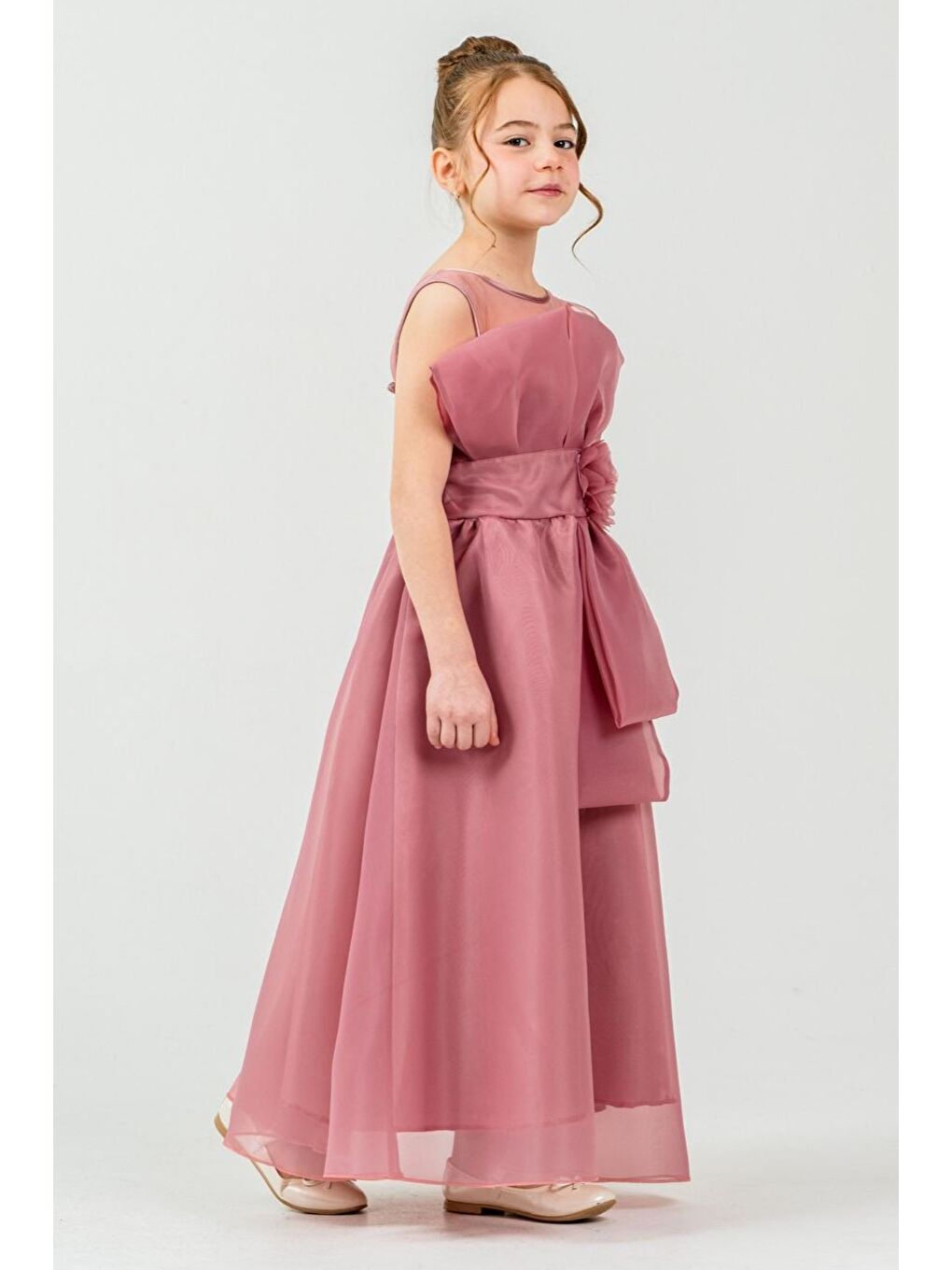 Pembe Kız Çocuk Organze Tül Çiçek ve Fiyonk Detaylı Gipe Sırtlı Prenses Abiye Elbise M00800-2