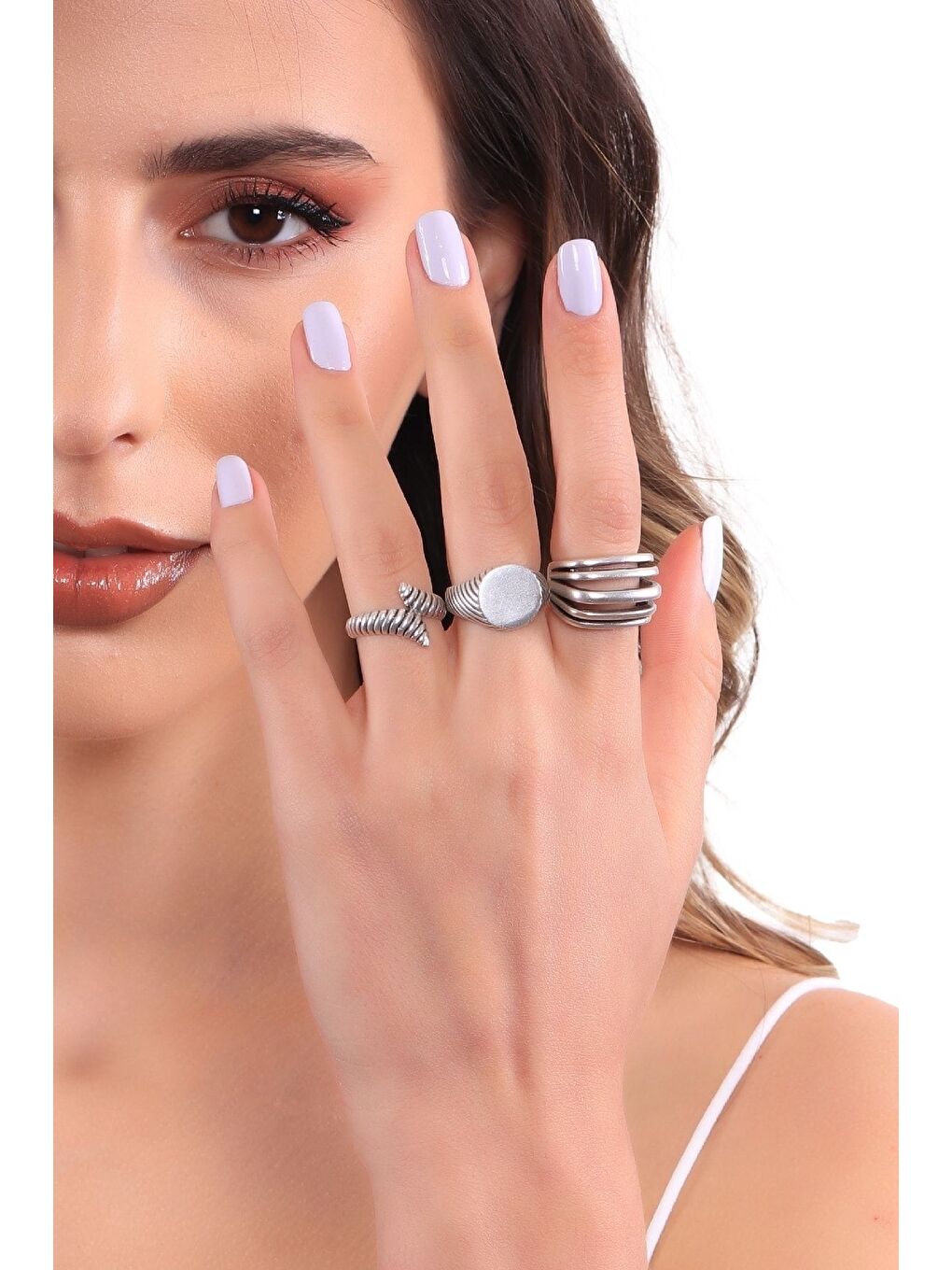 Gri Kadın Antik Gümüş Kaplama Ayarlanabilir 3'lü Vintage Yüzük Seti-2