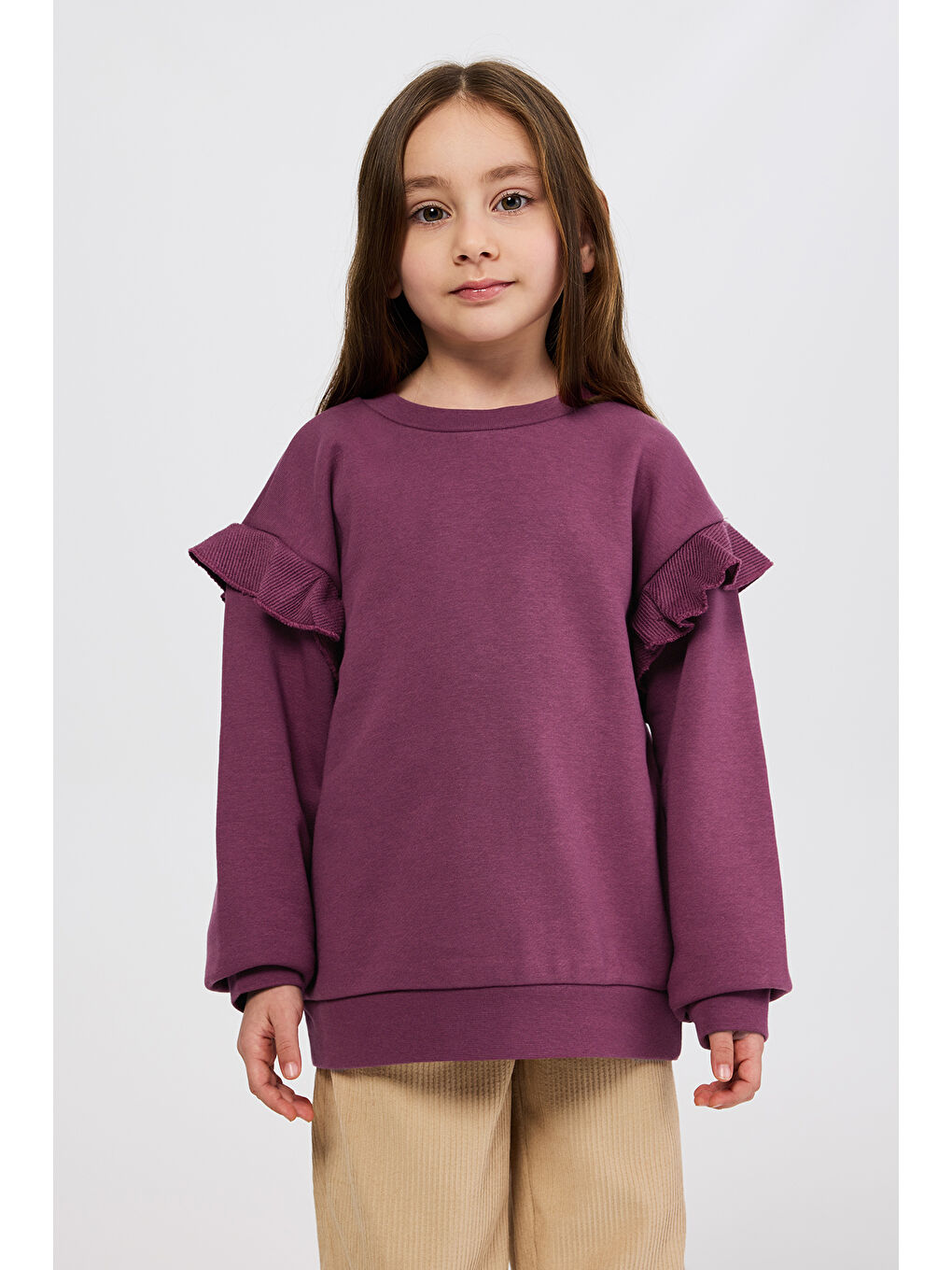 Kız Çocuk Fırfır Detaylı Mürdüm Sweatshirt-5