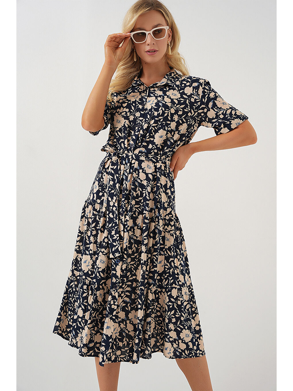 2191 Kısa Kol Desenli Elbise - Lacivert