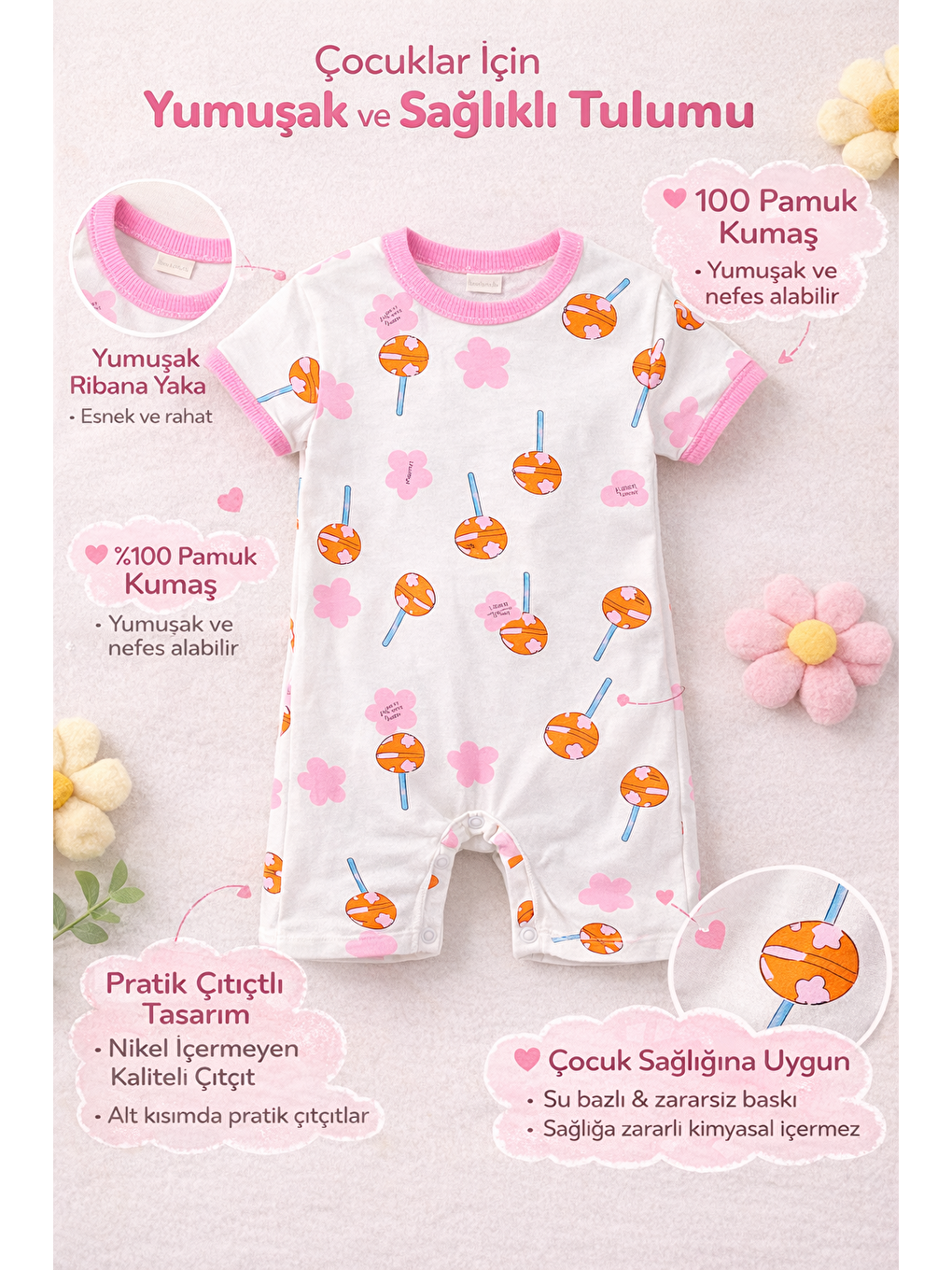 Beyaz Kız Bebek Desenli Tulum %100 Pamuk Penye Kısa Kollu Yazlık Tulum-2