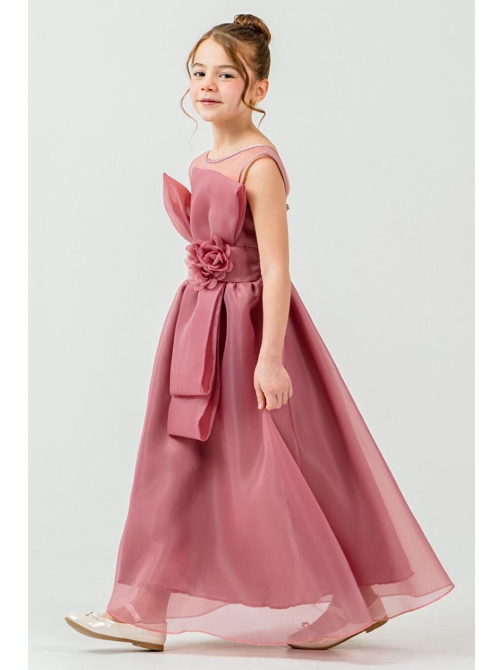 Pembe Kız Çocuk Organze Tül Çiçek ve Fiyonk Detaylı Gipe Sırtlı Prenses Abiye Elbise M00800-3
