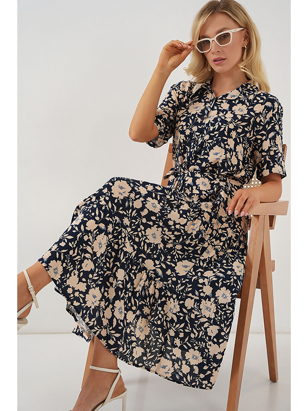 2191 Kısa Kol Desenli Elbise - Lacivert-1