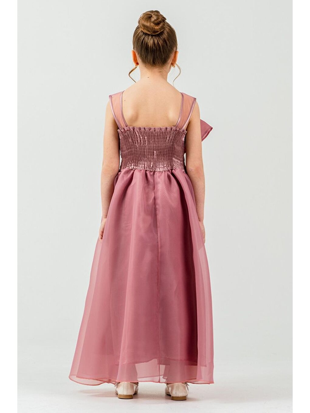 Pembe Kız Çocuk Organze Tül Çiçek ve Fiyonk Detaylı Gipe Sırtlı Prenses Abiye Elbise M00800-4