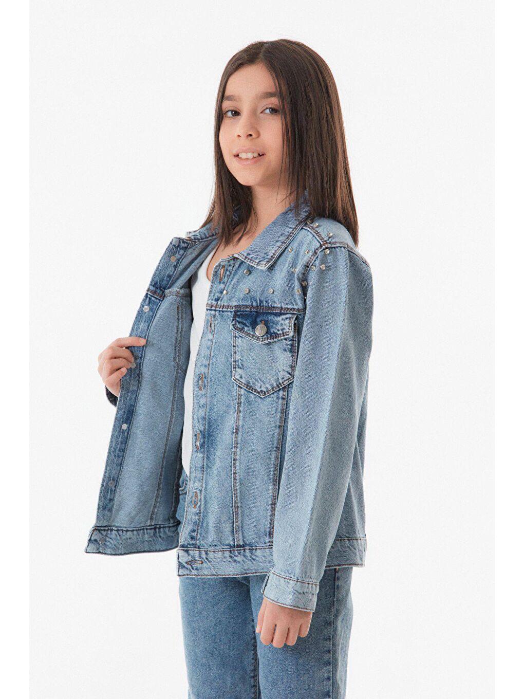 Mavi Taşlı Çift Cepli Kız Çocuk Jean Ceket-3
