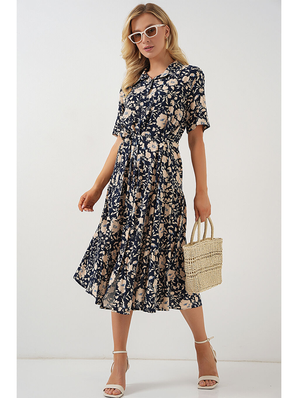 2191 Kısa Kol Desenli Elbise - Lacivert-2