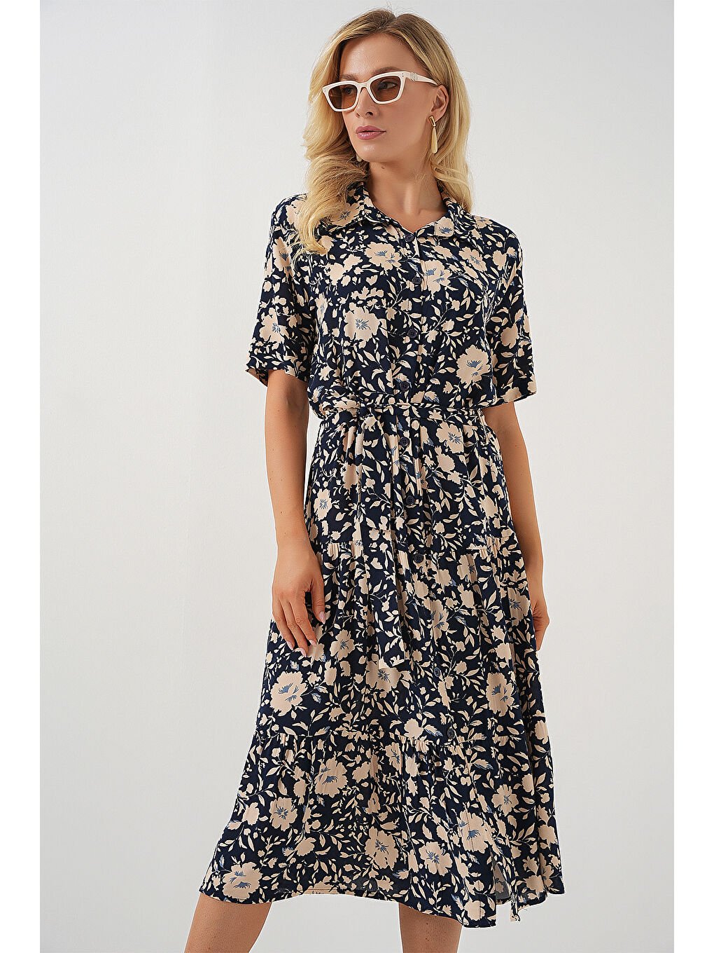 2191 Kısa Kol Desenli Elbise - Lacivert-3