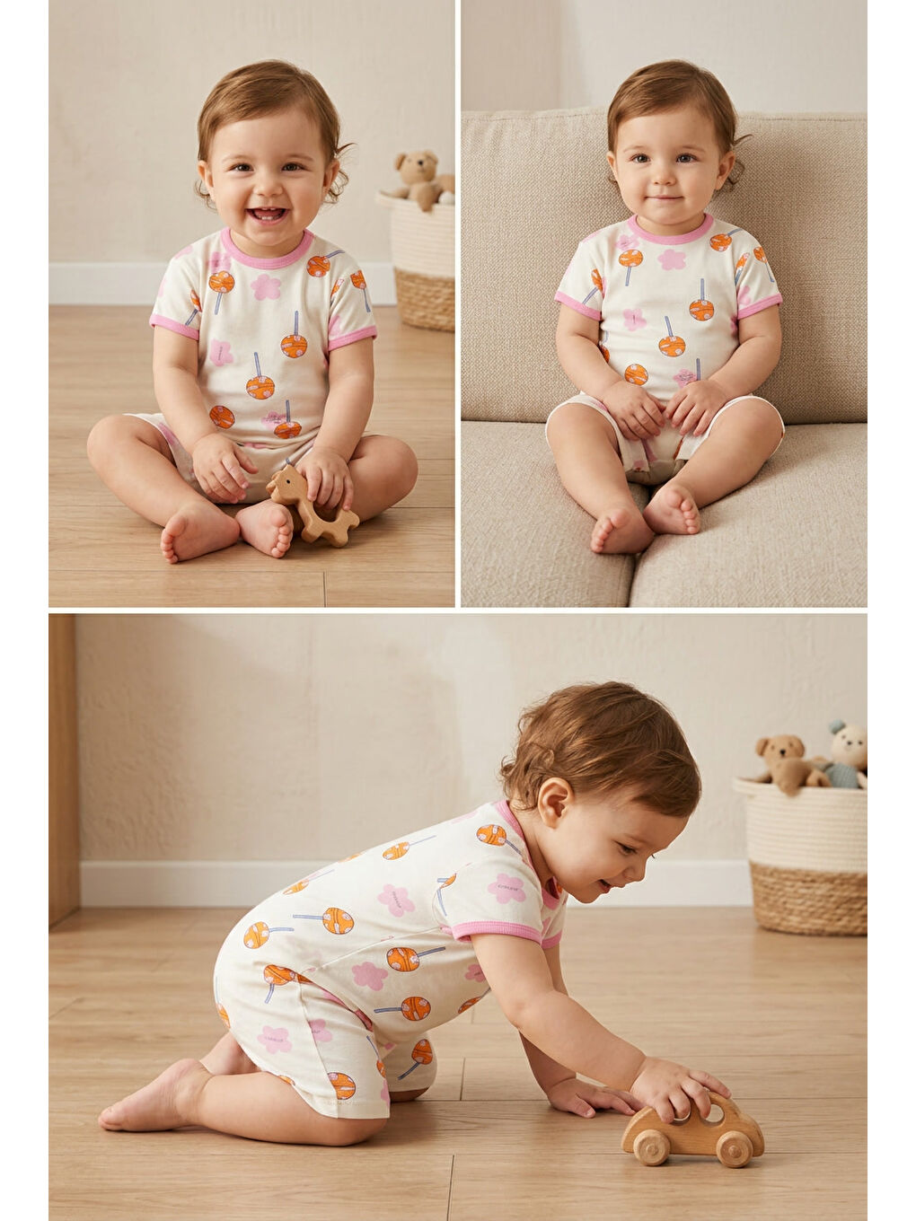 Beyaz Kız Bebek Desenli Tulum %100 Pamuk Penye Kısa Kollu Yazlık Tulum-3