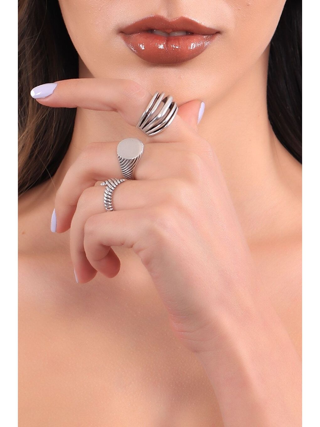 Gri Kadın Antik Gümüş Kaplama Ayarlanabilir 3'lü Vintage Yüzük Seti-3