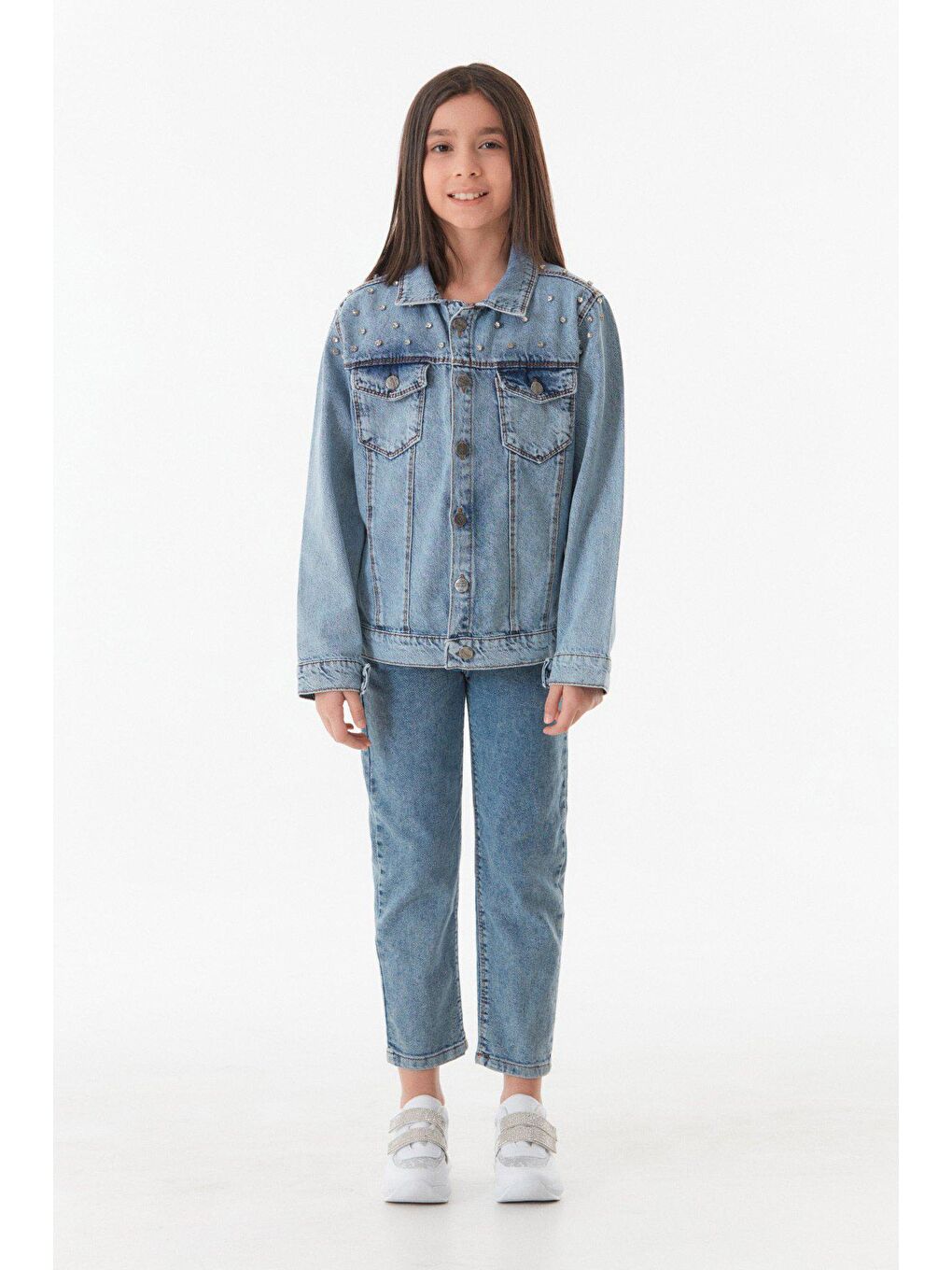 Mavi Taşlı Çift Cepli Kız Çocuk Jean Ceket-4