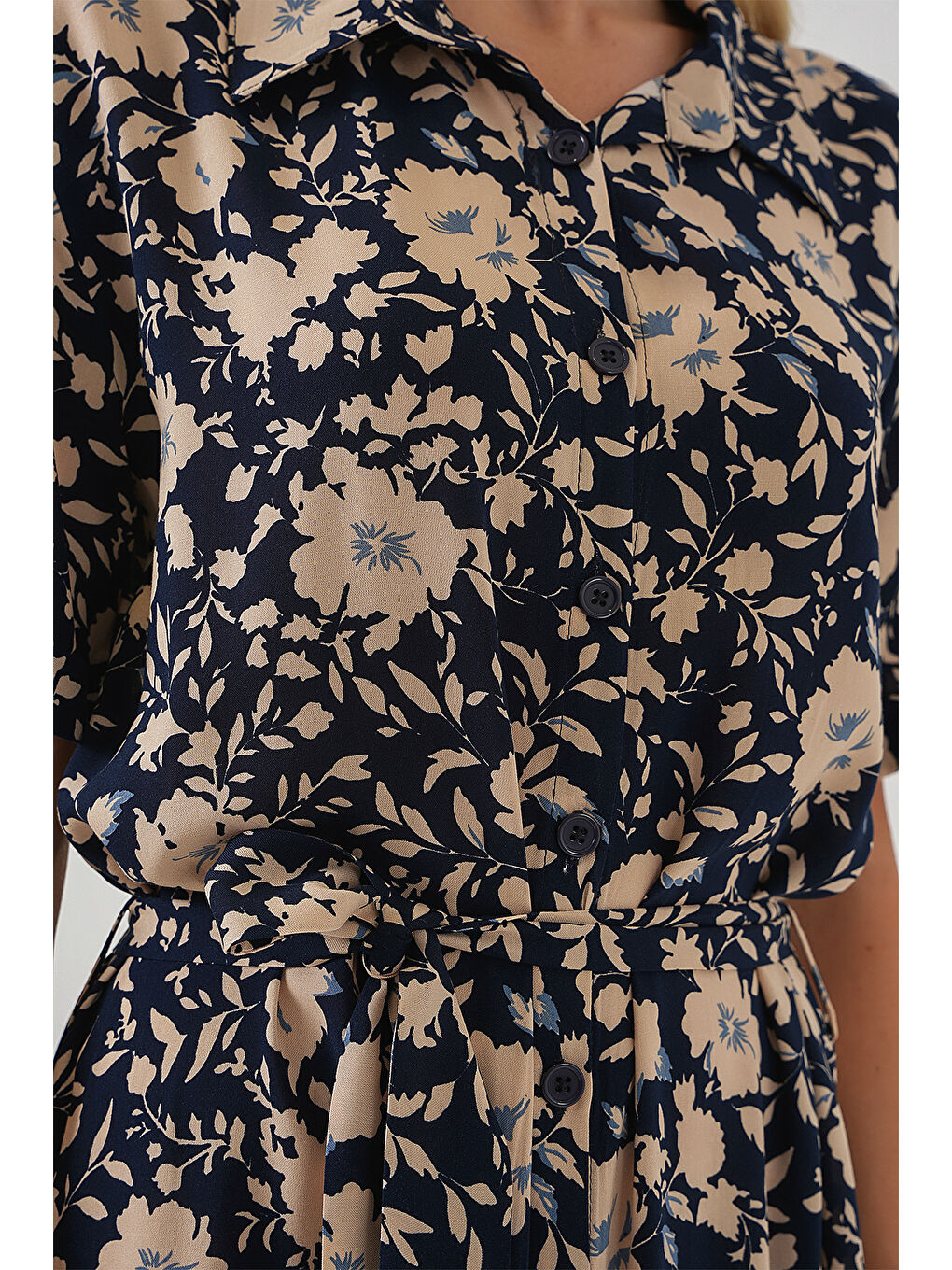 2191 Kısa Kol Desenli Elbise - Lacivert-4