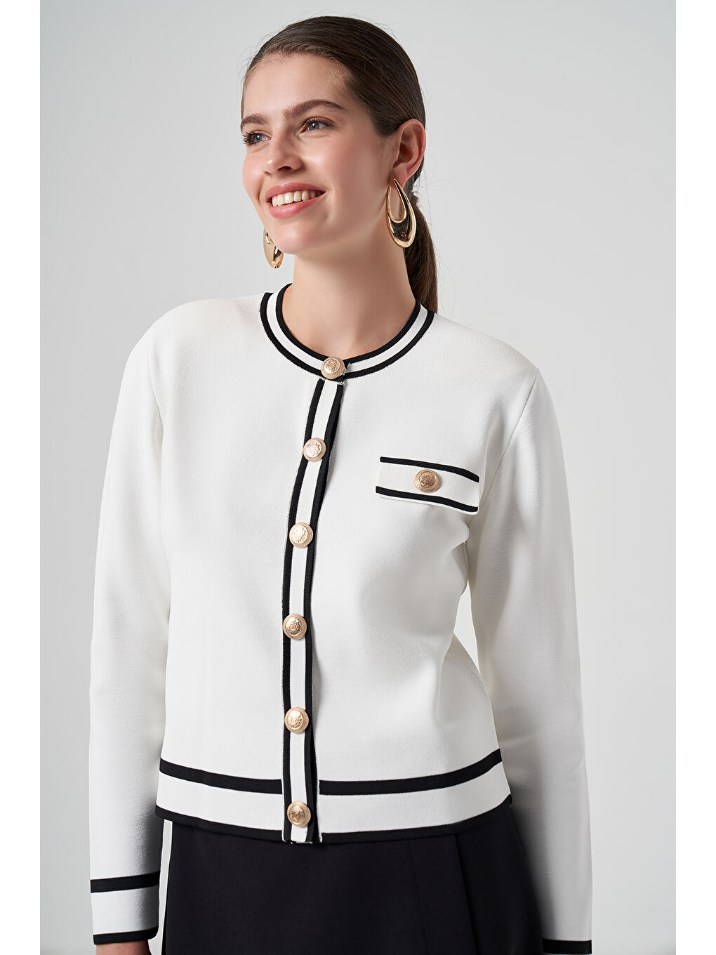 Merserize Triko Düğme Detay Kısa Hırka 1114 Ekru