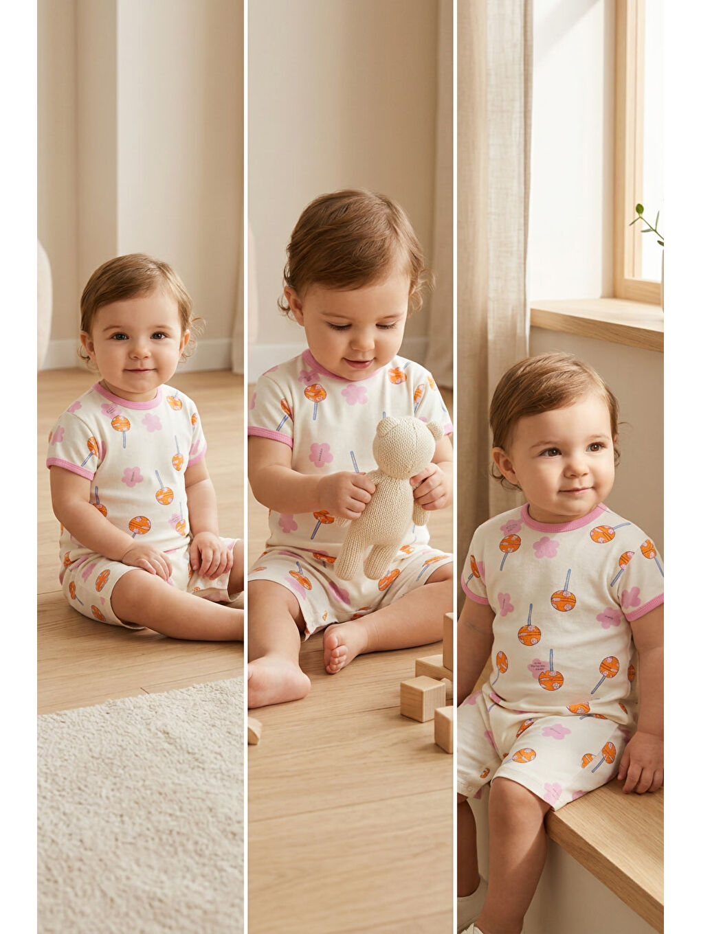 Beyaz Kız Bebek Desenli Tulum %100 Pamuk Penye Kısa Kollu Yazlık Tulum-4