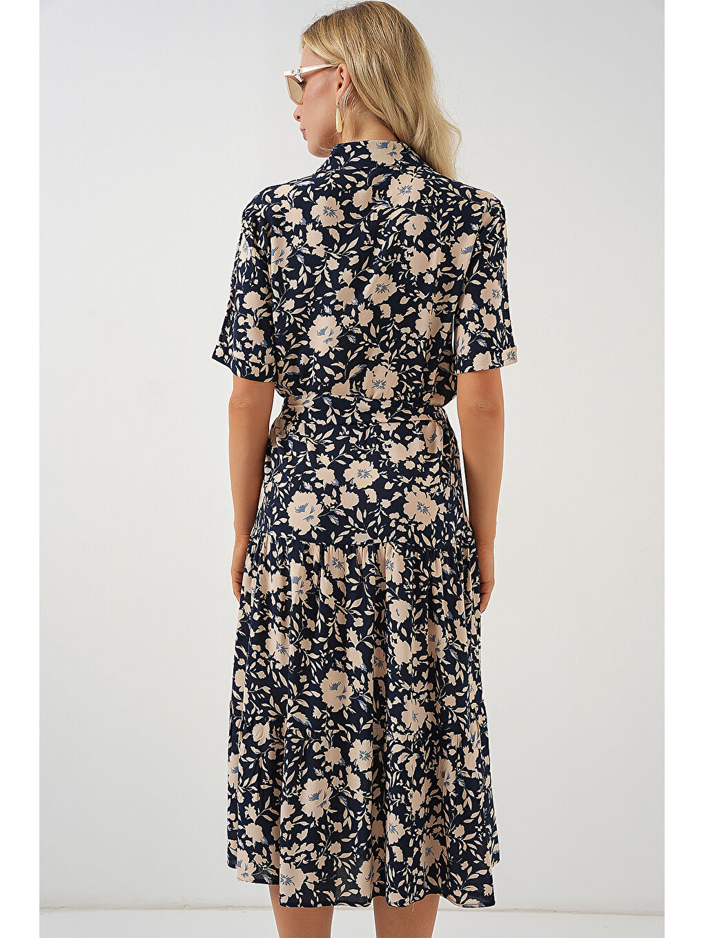 2191 Kısa Kol Desenli Elbise - Lacivert-5