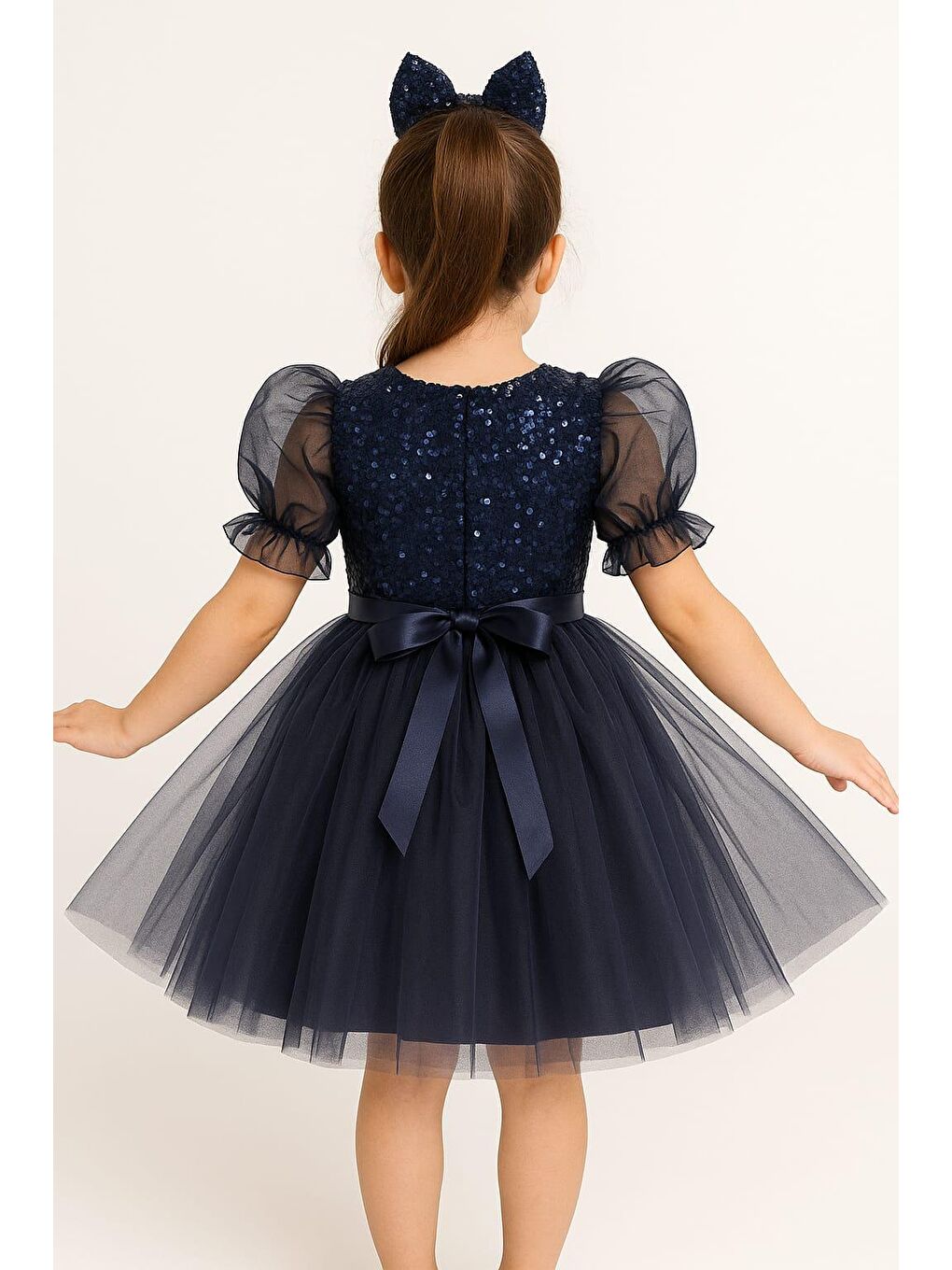 Lacivert Balon Kol Pul Payet Kız Çocuk Tütü Elbise M00751-1